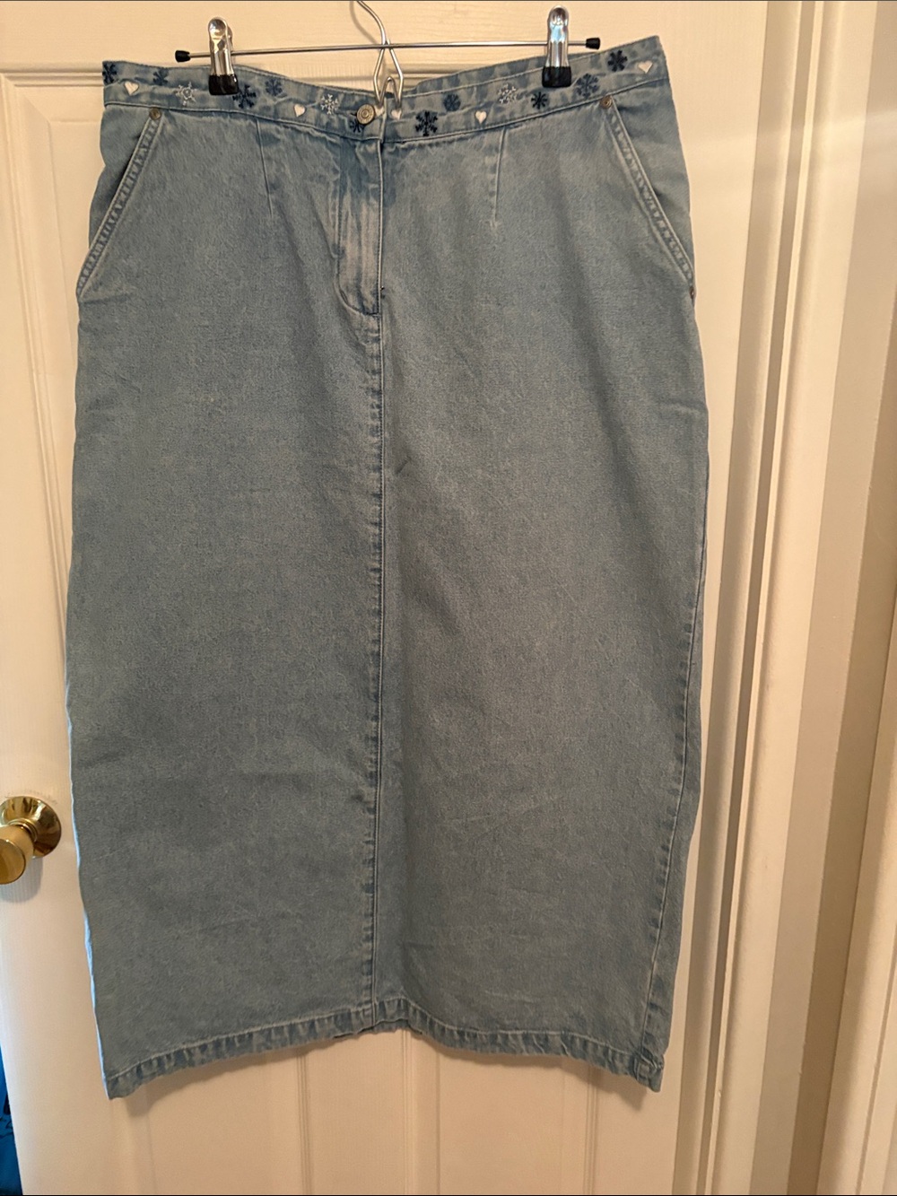 CJ Banks Light Blue Denim Embroidered Waist Midi Skirt